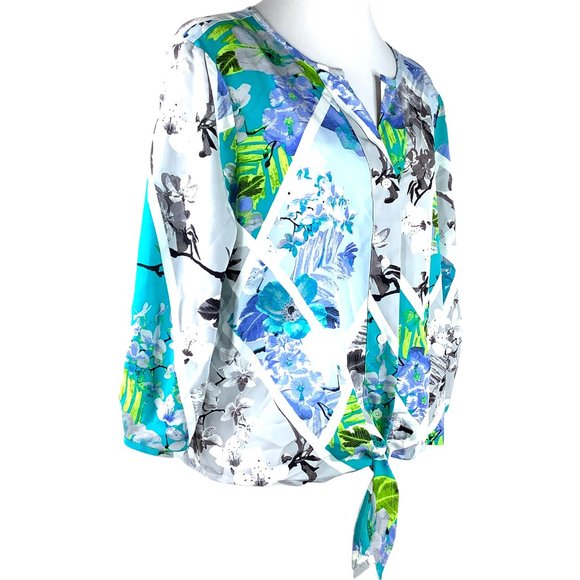 Adrienne Vittadini L Top Blouse Peasant Boho Floral Blue Button Tie Front - Picture 8 of 13